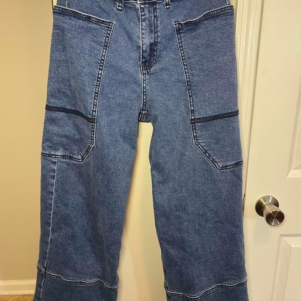 Special A Womens Blue Denim Wide Leg Cropped Jeans Size 7 28 Unique Pockets